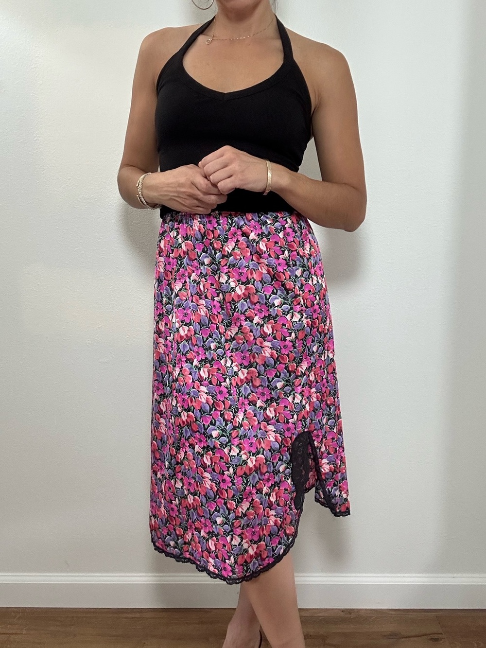 Vintage Vanity Fair Floral Pink Midi Skirt Side Slit Black Lace Trim Size S
